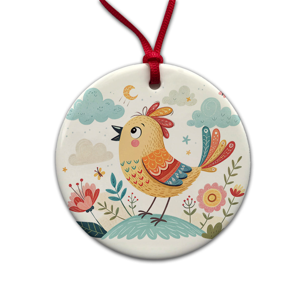 Bird Children's Illustration Style Round Ceramic Holiday Christmas Tree Ornament