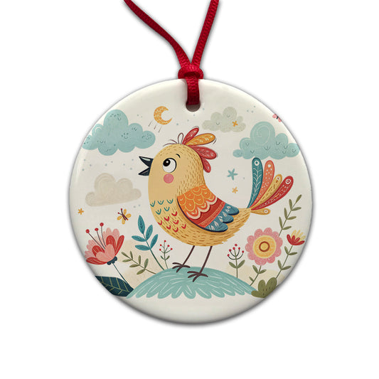 Bird Children's Illustration Style Round Ceramic Holiday Christmas Tree Ornament