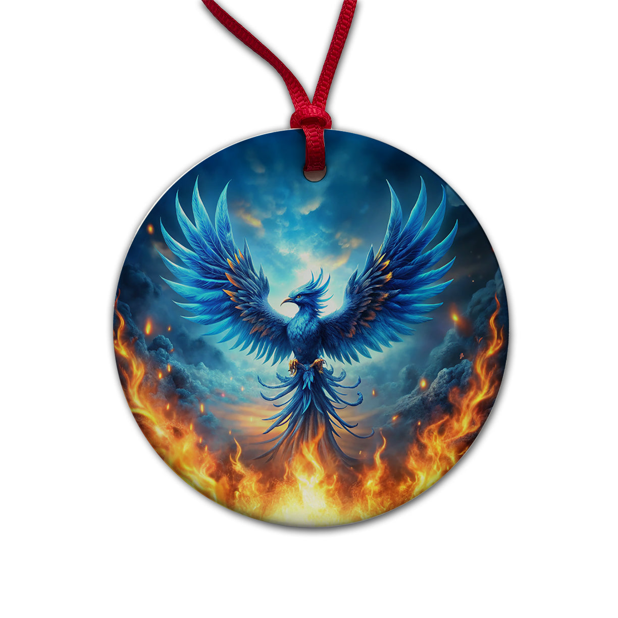 Blue Flaming Phoenix Rising From Ashes Fantasy Bird Round Ceramic Holiday Christmas Tree Ornament
