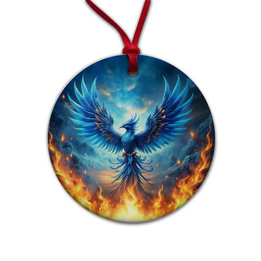 Blue Flaming Phoenix Rising From Ashes Fantasy Bird Round Ceramic Holiday Christmas Tree Ornament