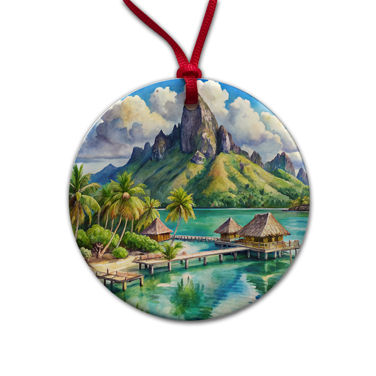 Bora Bora French Polynesia Watercolor Round Ceramic Holiday Christmas Tree Ornament