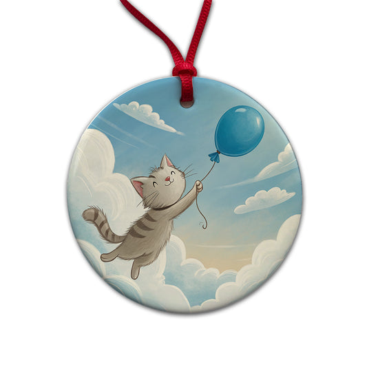 Cat Carried by Blue Balloon into the Sky Round Ceramic Holiday Christmas Tree Ornament