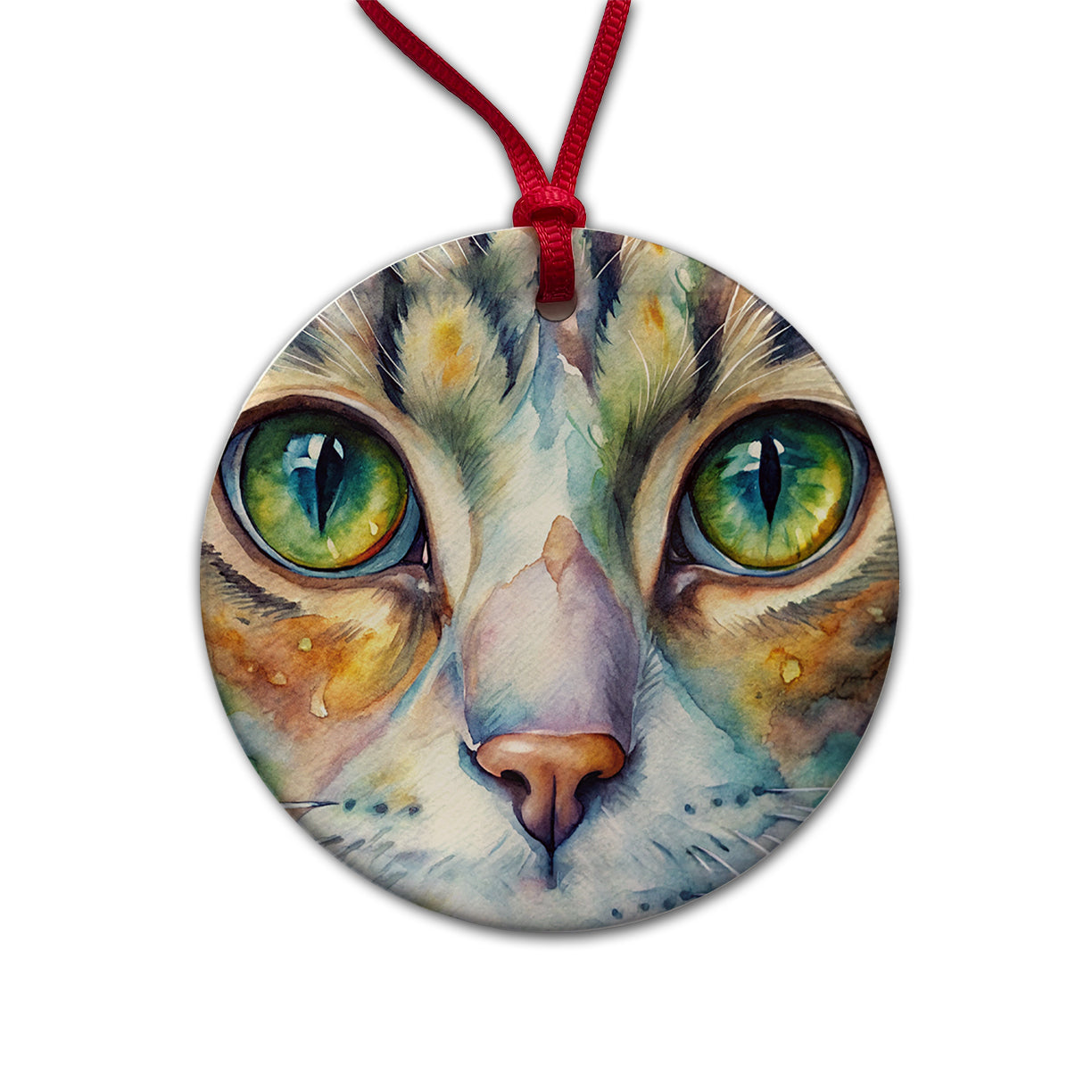 Cat Eyes Close-Up Watercolor Round Ceramic Holiday Christmas Tree Ornament