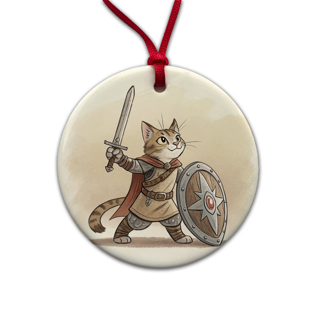 Cat With Sword And Shield Fantasy Medieval Cartoon Round Ceramic Holiday Christmas Tree Ornament
