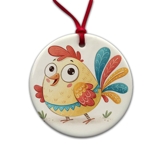 Chicken Children's Illustration Style Round Ceramic Holiday Christmas Tree Ornament