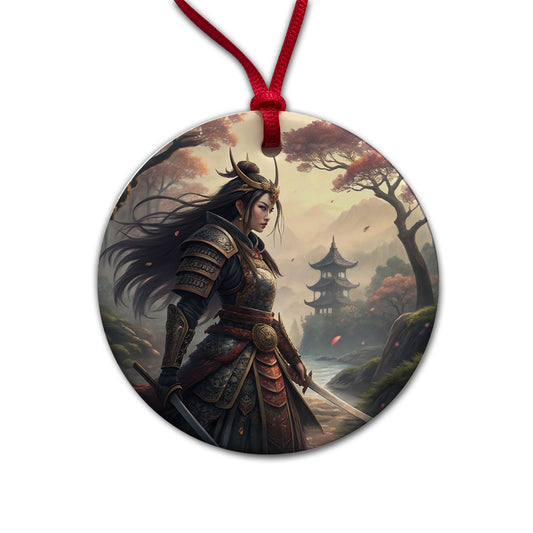 Classic Japanese Anime Style Fantasy Warrior Woman Round Ceramic Holiday Christmas Tree Ornament