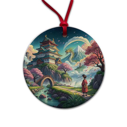 Classic Japanese Anime Style Fantasy World Round Ceramic Holiday Christmas Tree Ornament