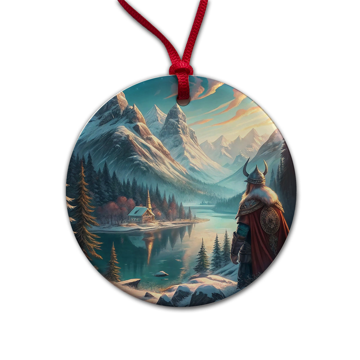 Classic Nordic Viking Anime Style Fantasy Round Ceramic Holiday Christmas Tree Ornament