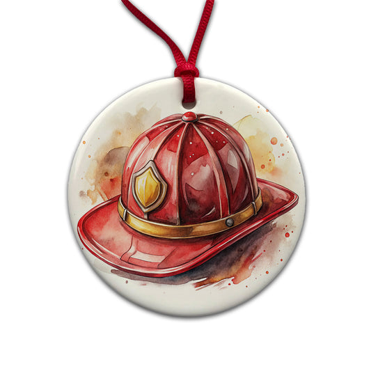 Classic Red Firefighter Fireman Helmet Watercolor Round Ceramic Holiday Christmas Tree Ornament