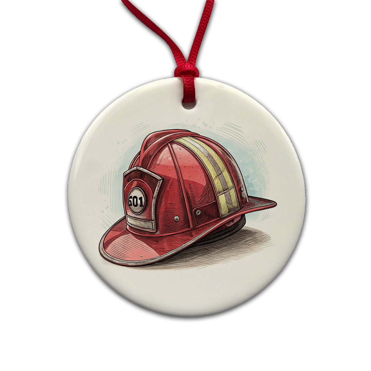Classic Red Firefighter Fireman Helmet Round Ceramic Holiday Christmas Tree Ornament