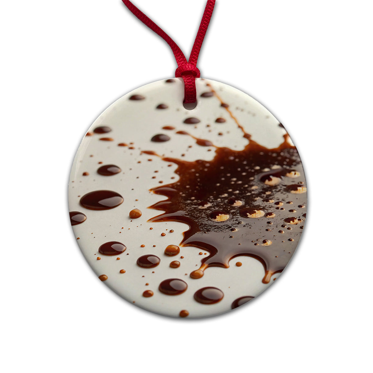 Close-Up of Spilled Coffee Round Ceramic Holiday Christmas Tree Ornament