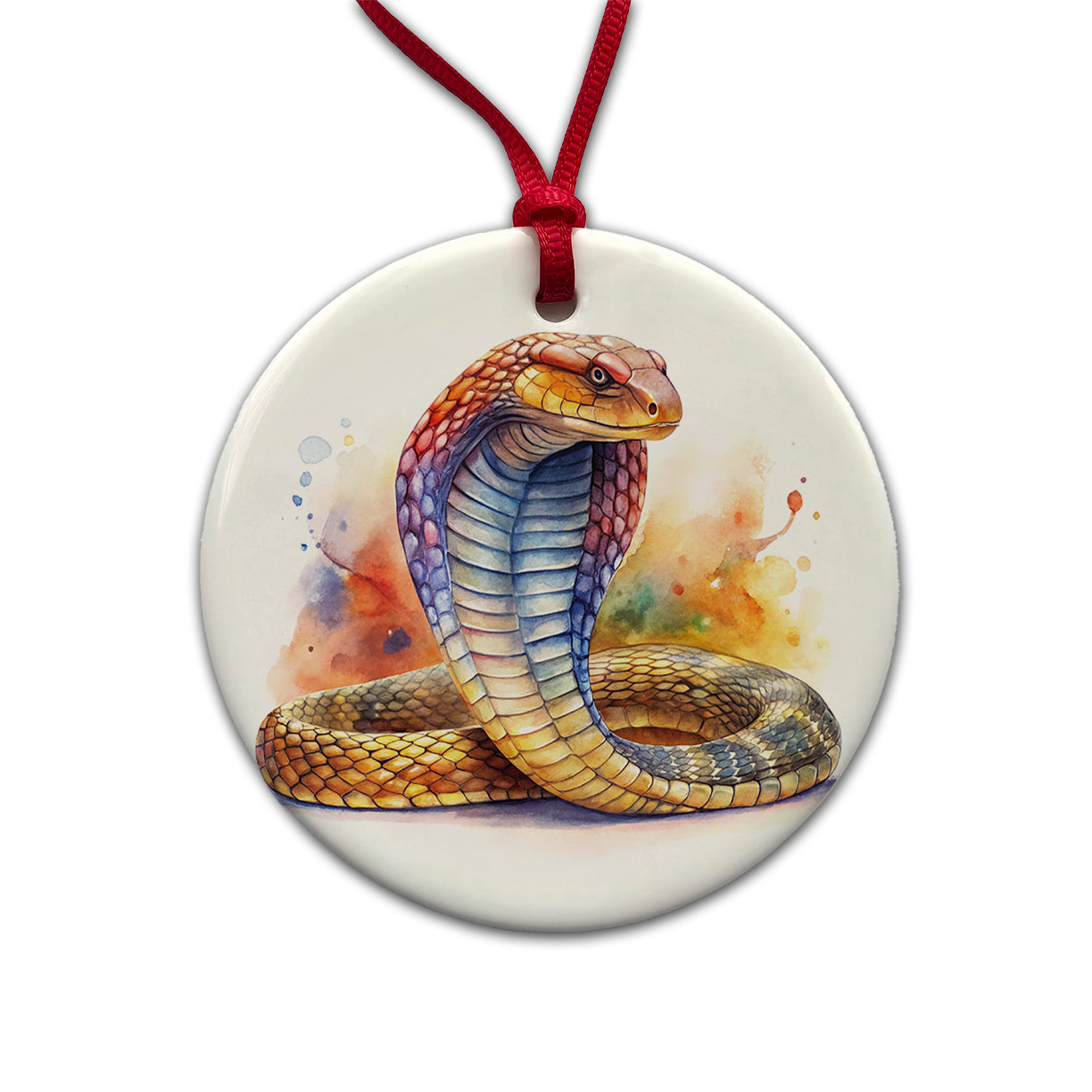 Cobra Snake Watercolor Round Ceramic Holiday Christmas Tree Ornament