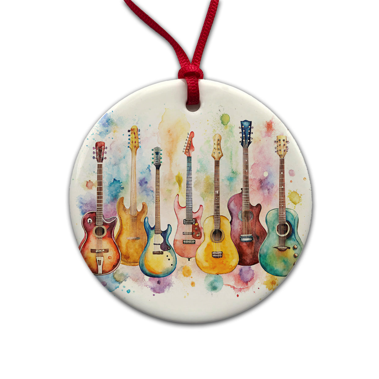 Colorful Guitar Collection Watercolor Round Ceramic Holiday Christmas Tree Ornament