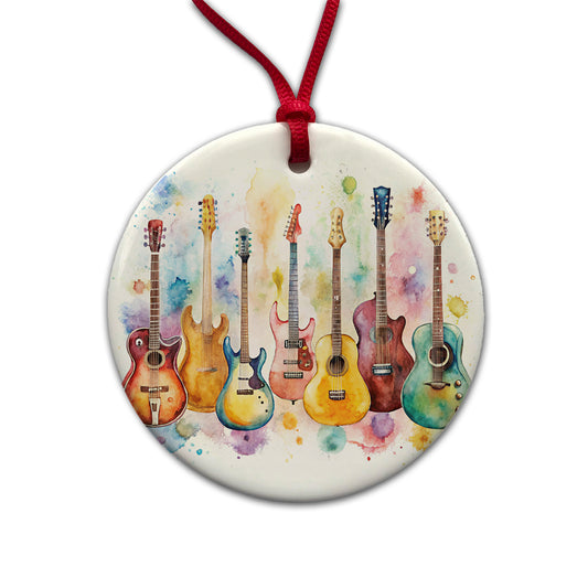 Colorful Guitar Collection Watercolor Round Ceramic Holiday Christmas Tree Ornament