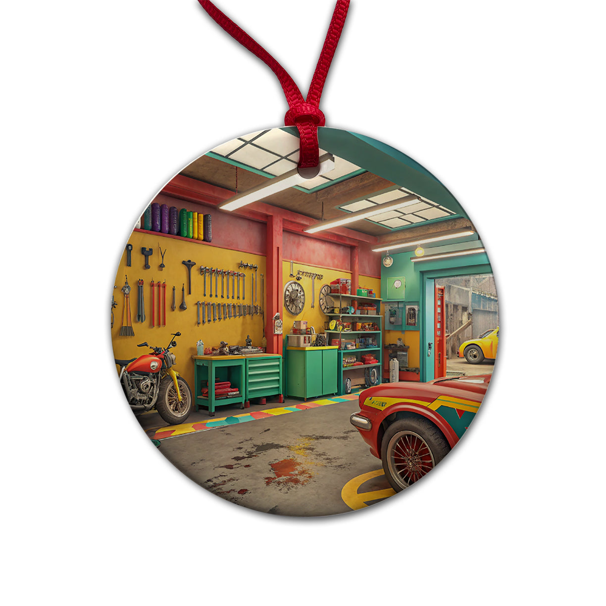 Colorful Mechanic's Garage Round Ceramic Holiday Christmas Tree Ornament