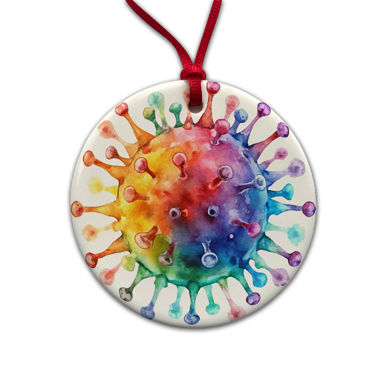 Colorful Rainbow Virus Watercolor Round Ceramic Holiday Christmas Tree Ornament