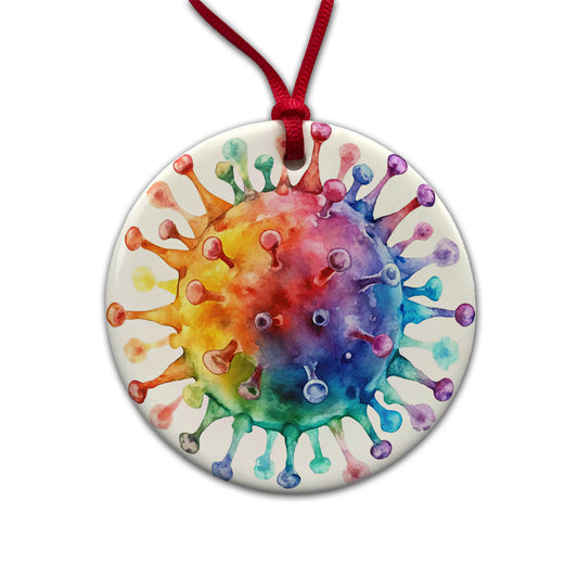 Colorful Rainbow Virus Watercolor Round Ceramic Holiday Christmas Tree Ornament