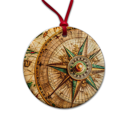 Compass Rose on an Ancient Nautical Maritime Map Round Ceramic Holiday Christmas Tree Ornament