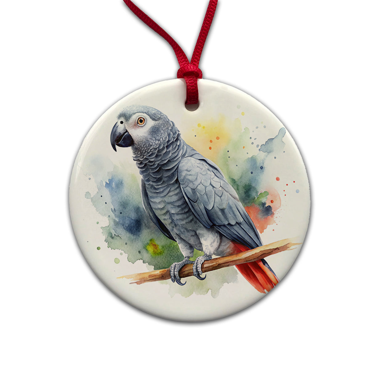 Congo African Grey Parrot Watercolor Round Ceramic Holiday Christmas Tree Ornament