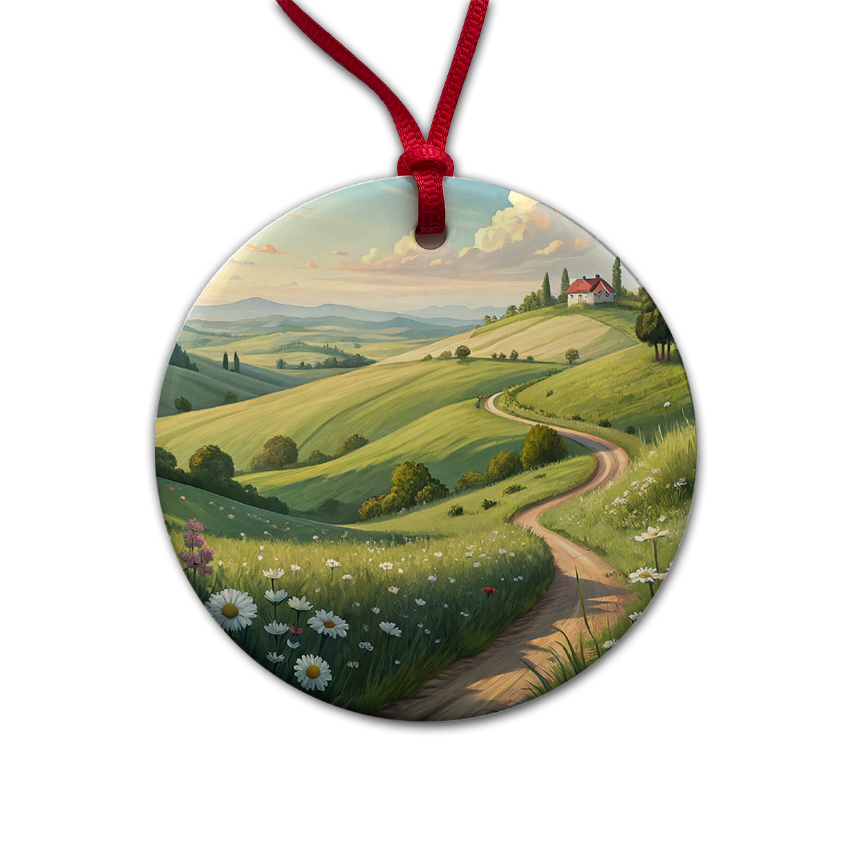 Countryside Pastoral Landscape Round Ceramic Holiday Christmas Tree Ornament