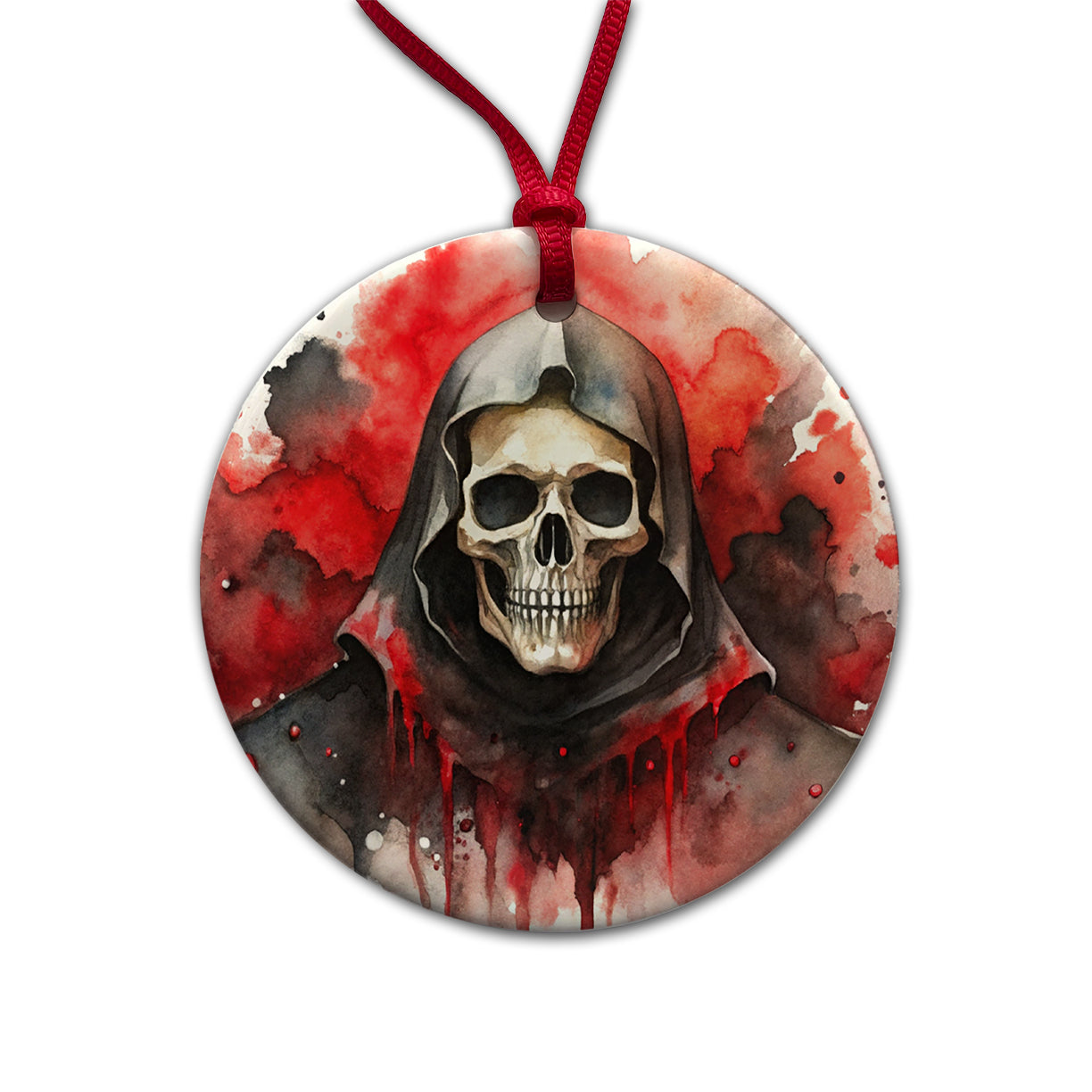 Death Grim Reaper Black Red Shades Watercolor Round Ceramic Holiday Christmas Tree Ornament