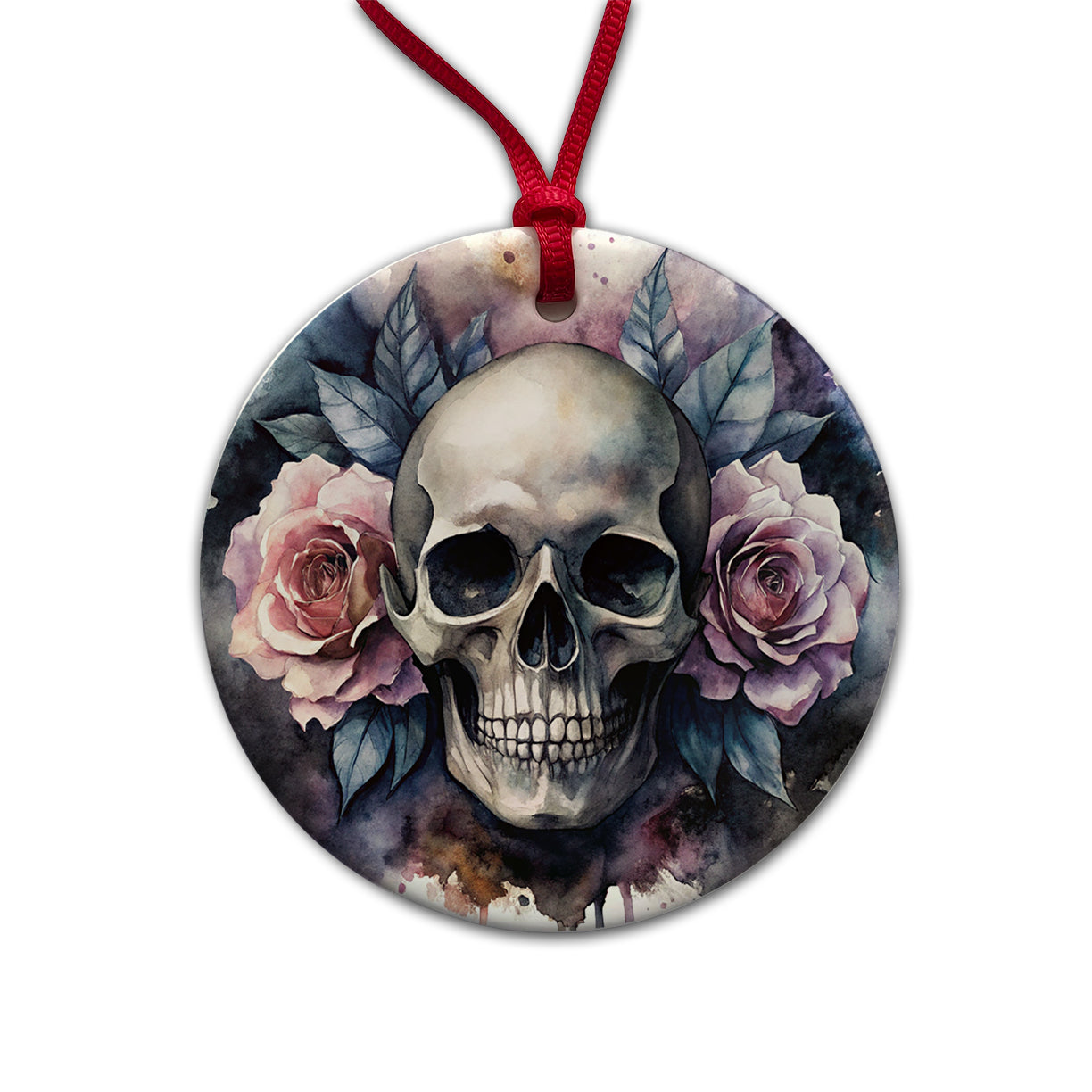 Death Skull Roses Black Watercolor Round Ceramic Holiday Christmas Tree Ornament