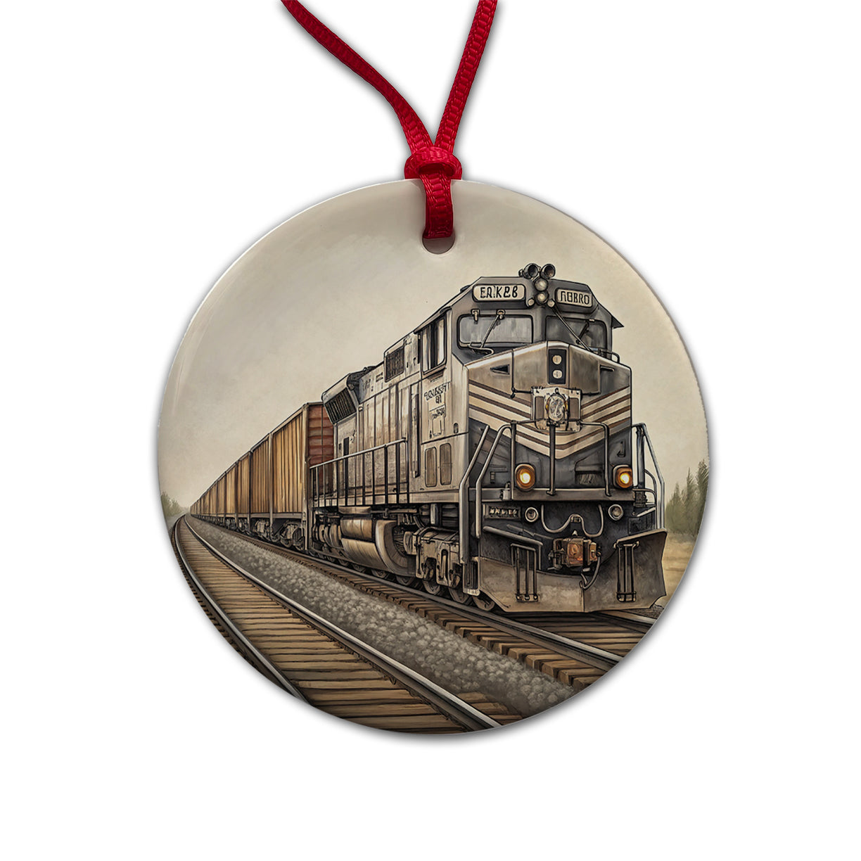 Diesel Locomotive Pulling A Long Line Of Freight Cars Round Ceramic Holiday Christmas Tree Ornament