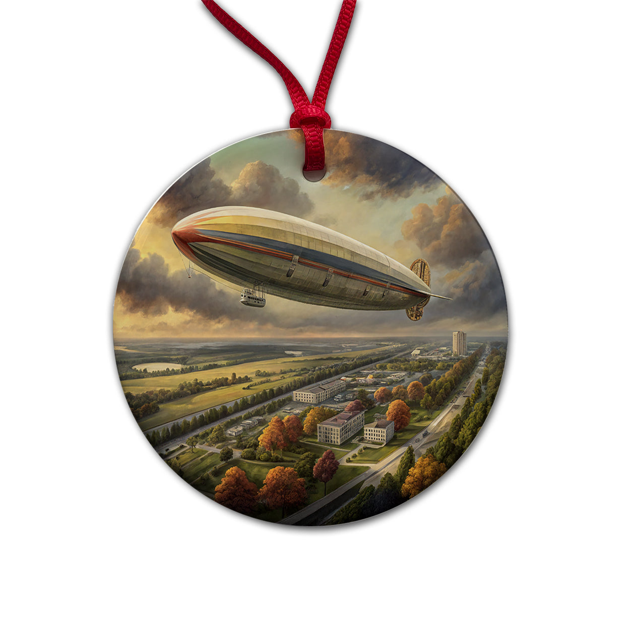 Dirigible Airship In Flight Over New Jersey Round Ceramic Holiday Christmas Tree Ornament