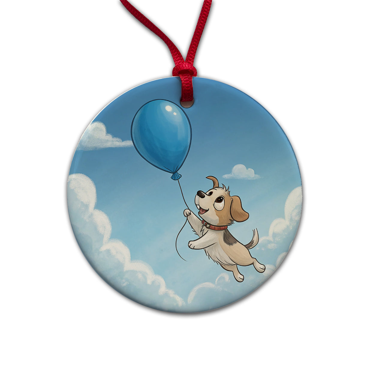 Dog Carried by Blue Balloon into the Sky Round Ceramic Holiday Christmas Tree Ornament