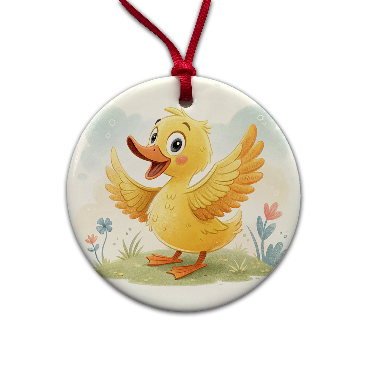Duck Children's Illustration Style Round Ceramic Holiday Christmas Tree Ornament
