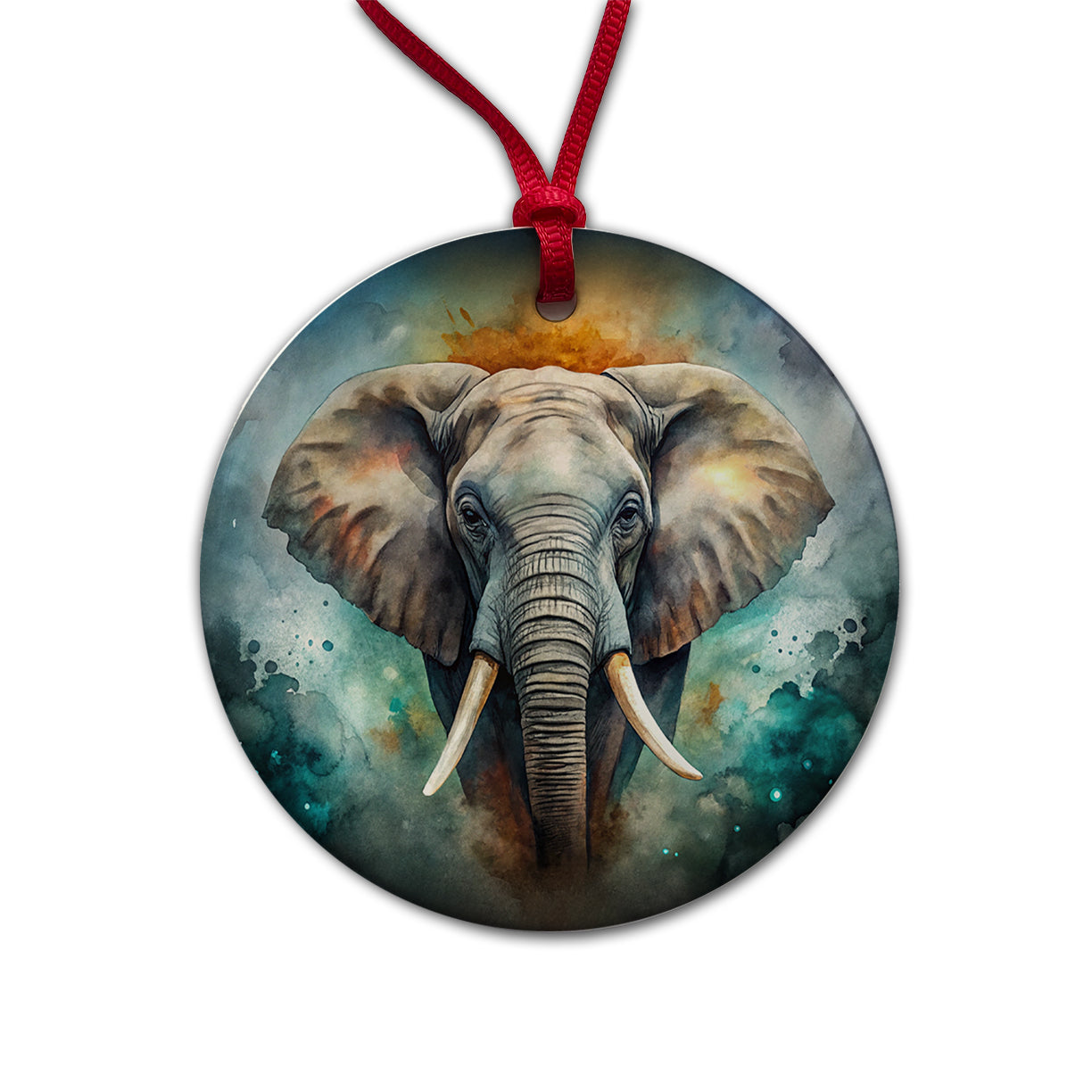 Elephant on Black Watercolor Background Round Ceramic Holiday Christmas Tree Ornament