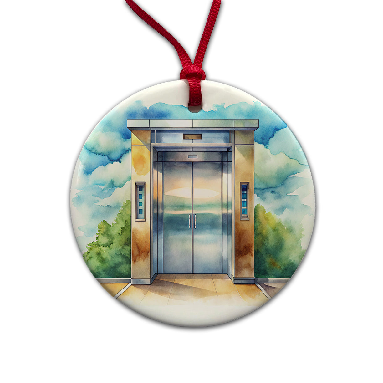 Elevator To Nowhere Watercolor Round Ceramic Holiday Christmas Tree Ornament