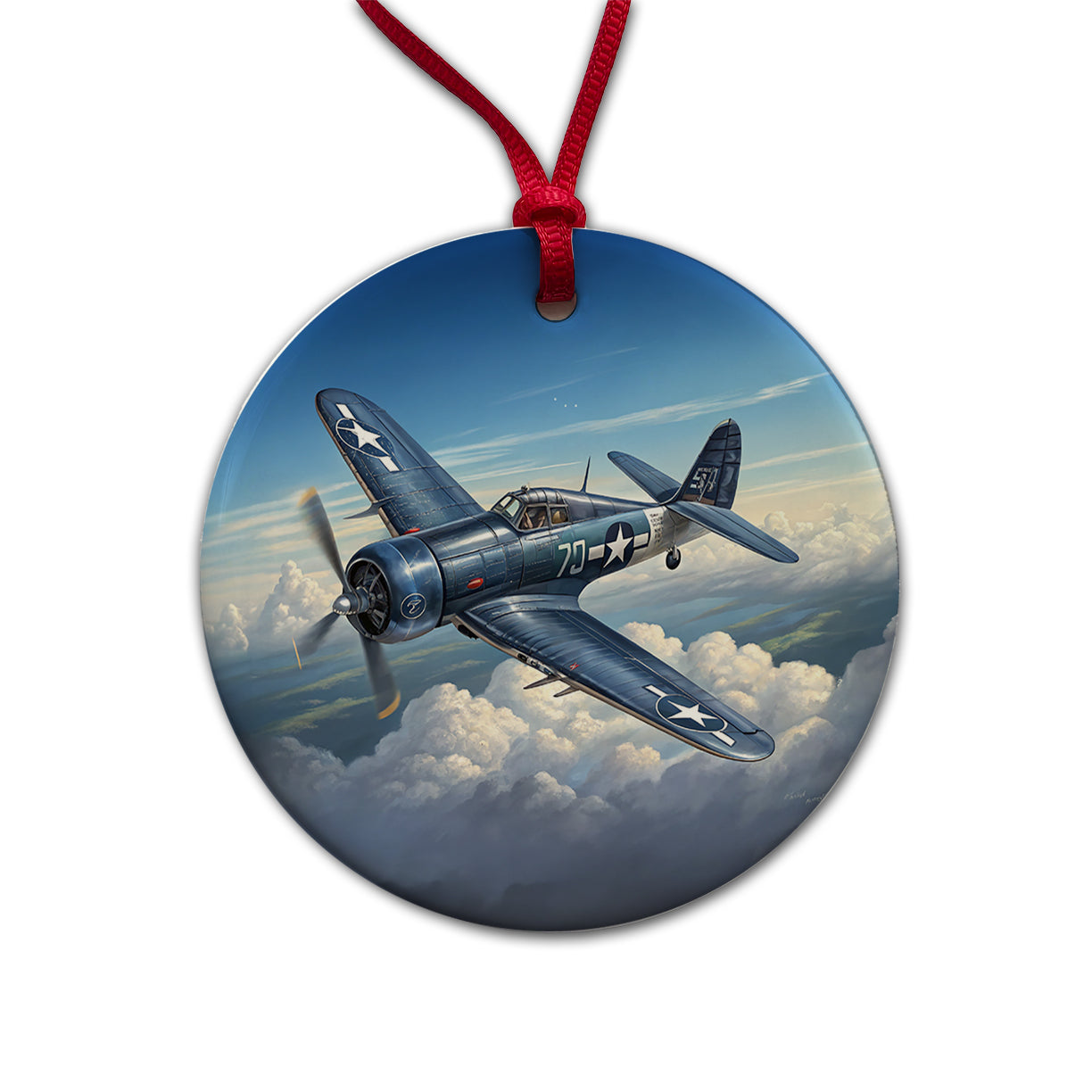 F4U Corsair WWII US Navy Marines Fighter Plane Round Ceramic Holiday Christmas Tree Ornament