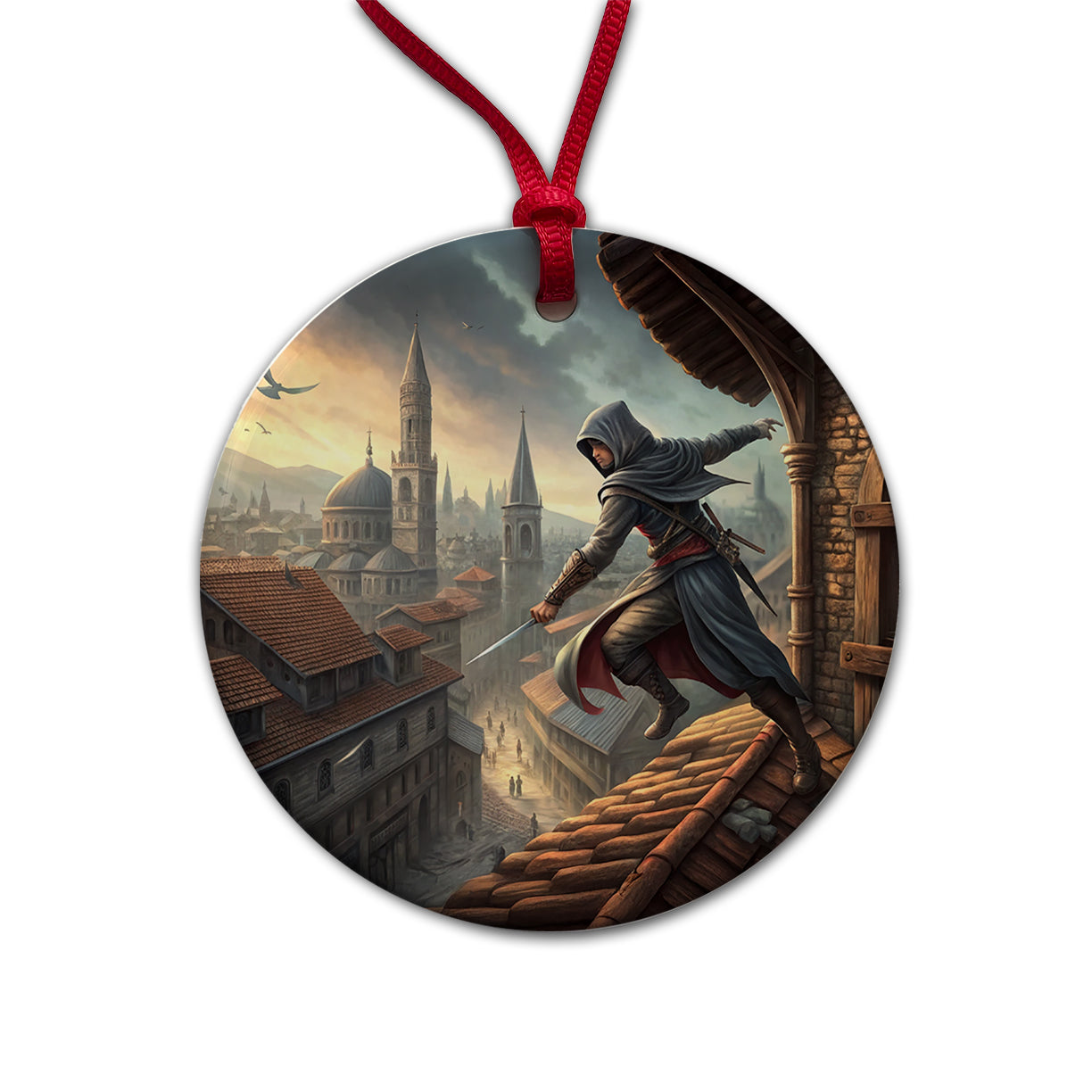 Fantasy Assassin Rogue Thief Rooftop Running Round Ceramic Holiday Christmas Tree Ornament