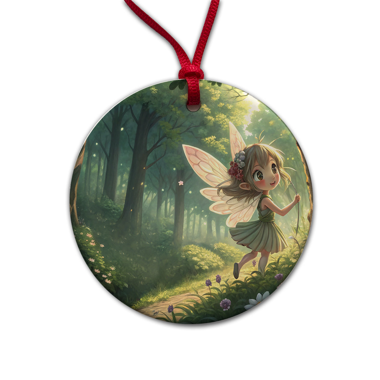 Fantasy Forest Pixie Girl Anime Style Round Ceramic Holiday Christmas Tree Ornament