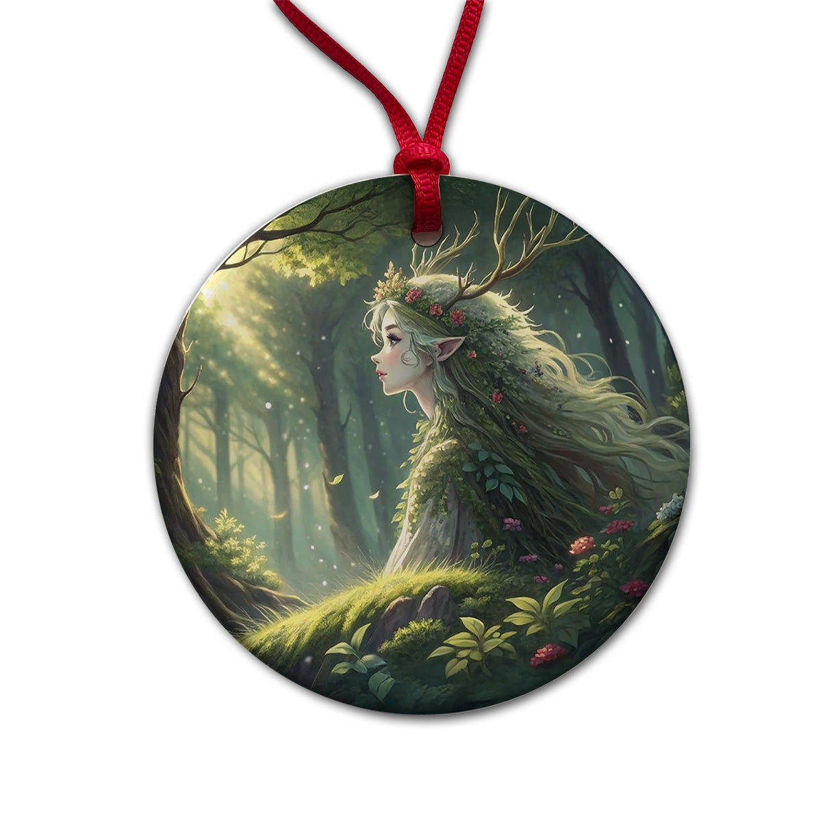Fantasy Forest Spirit Anime Style Round Ceramic Holiday Christmas Tree Ornament