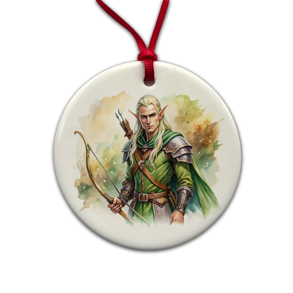 Fantasy Male Elven Ranger Archer Warrior Watercolor Round Ceramic Holiday Christmas Tree Ornament