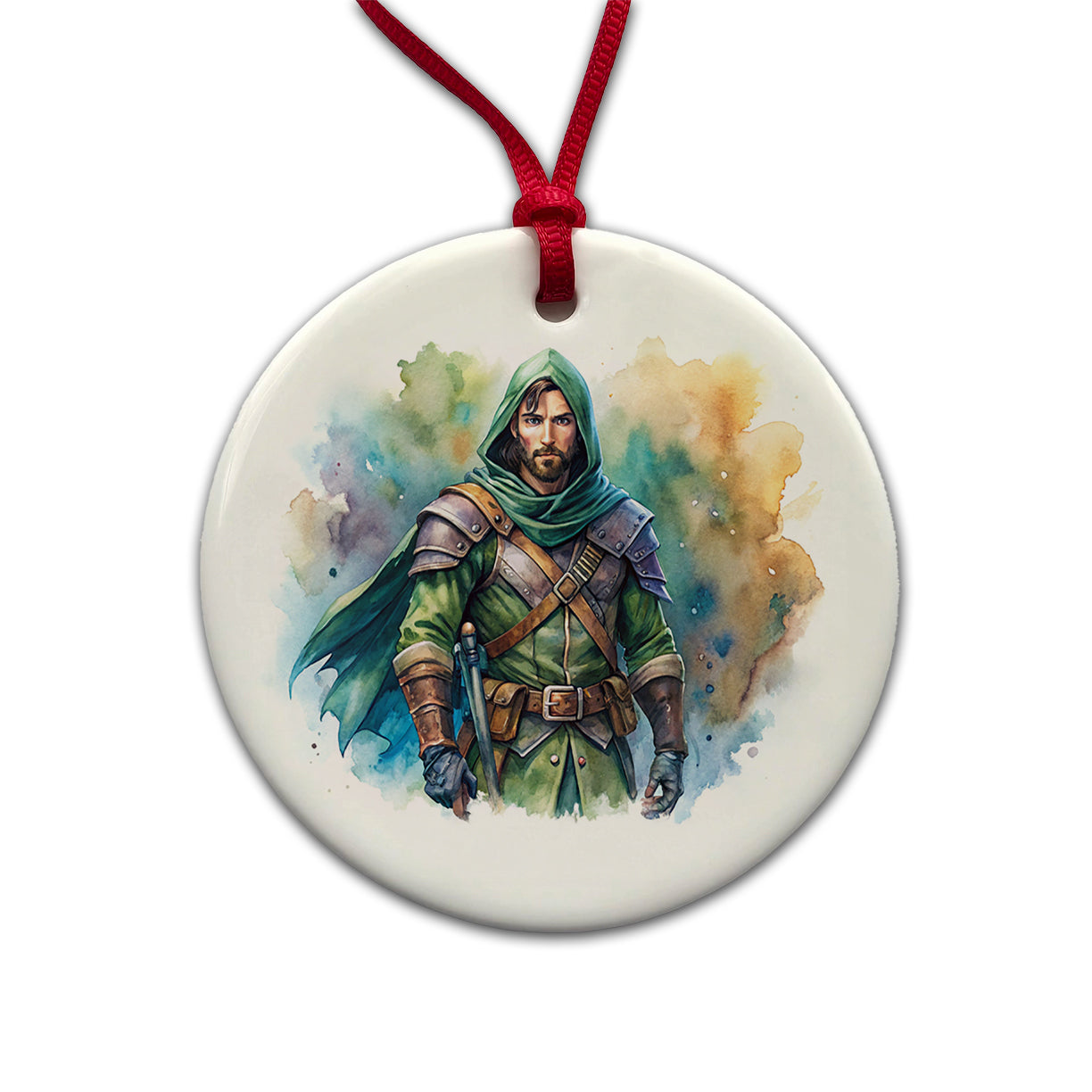 Fantasy Male Rogue Thief Watercolor Round Ceramic Holiday Christmas Tree Ornament
