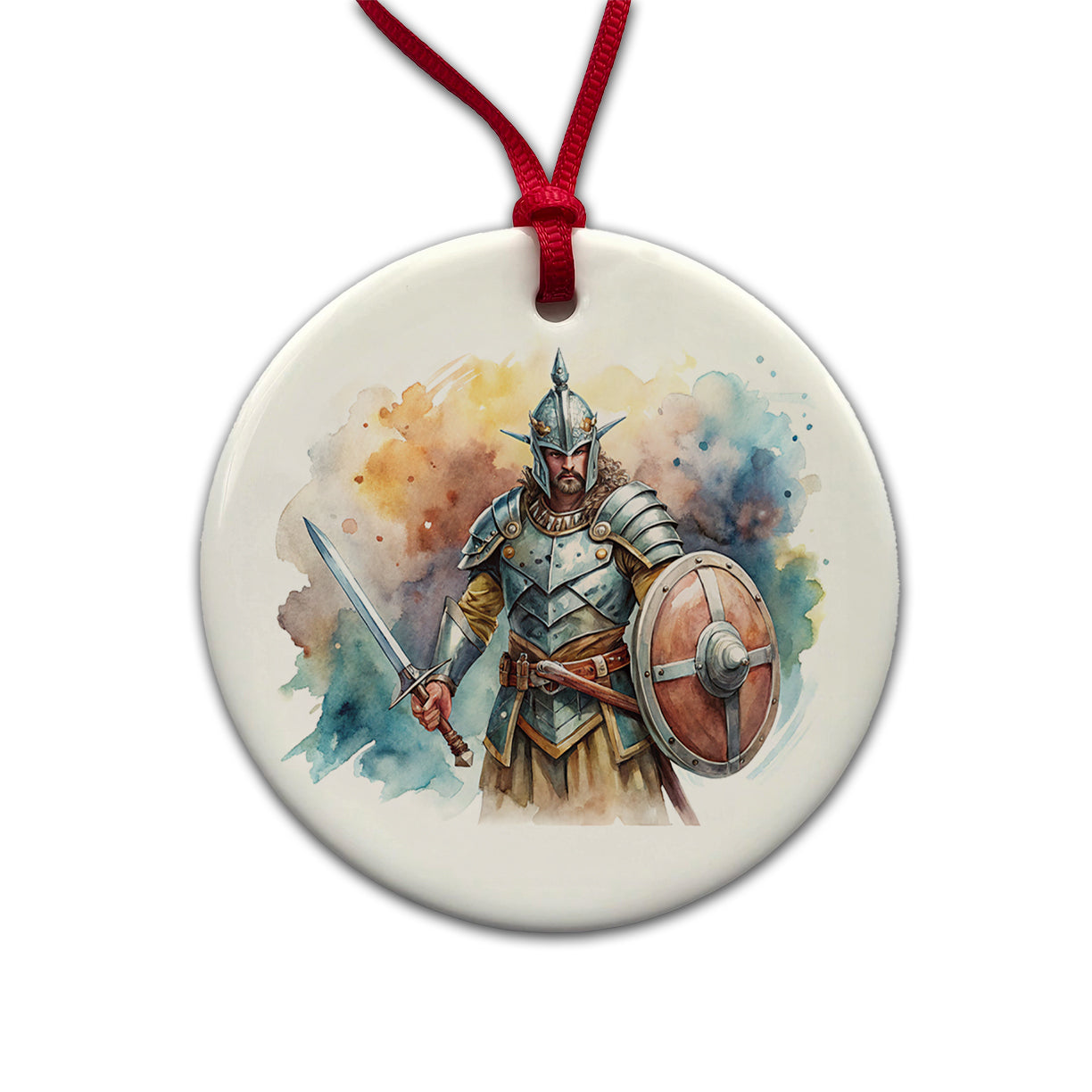 Fantasy Male Warrior Fighter With Full Armor Tank Round Ceramic Holiday Christmas Tree Ornament