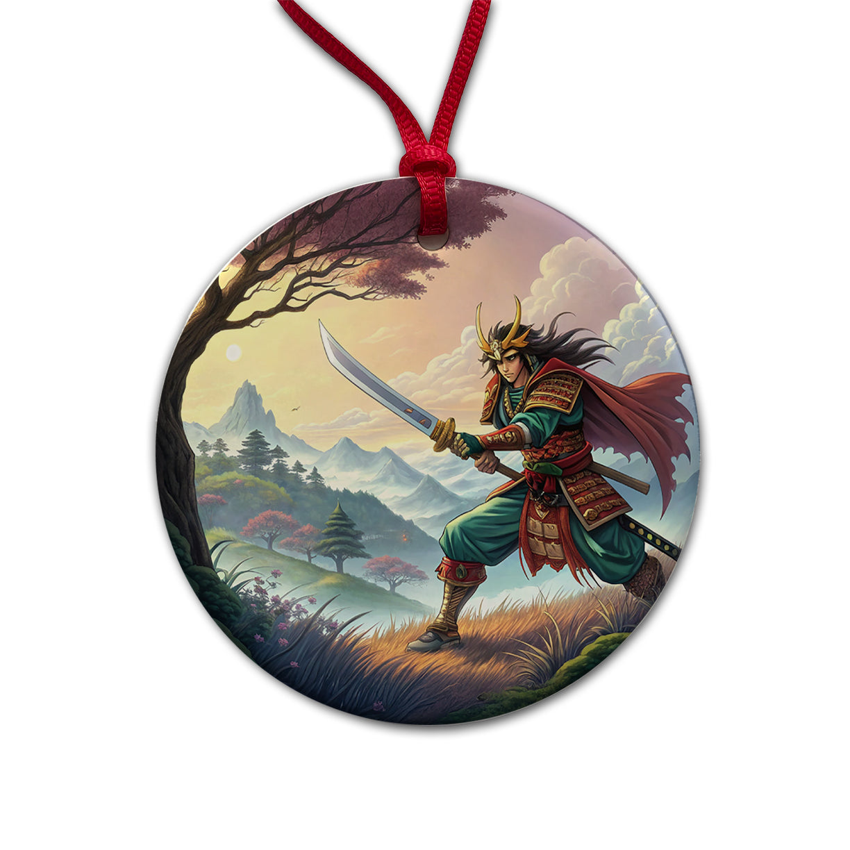 Fantasy Warrior with Sword Classic Japanese Anime Style Round Ceramic Holiday Christmas Tree Ornament