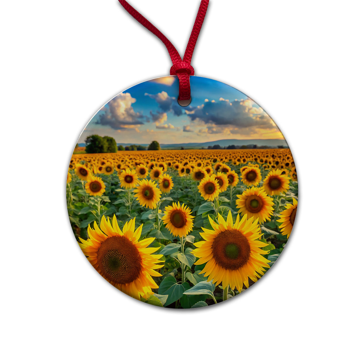 Field Of Sunflowers Round Ceramic Holiday Christmas Tree Ornament