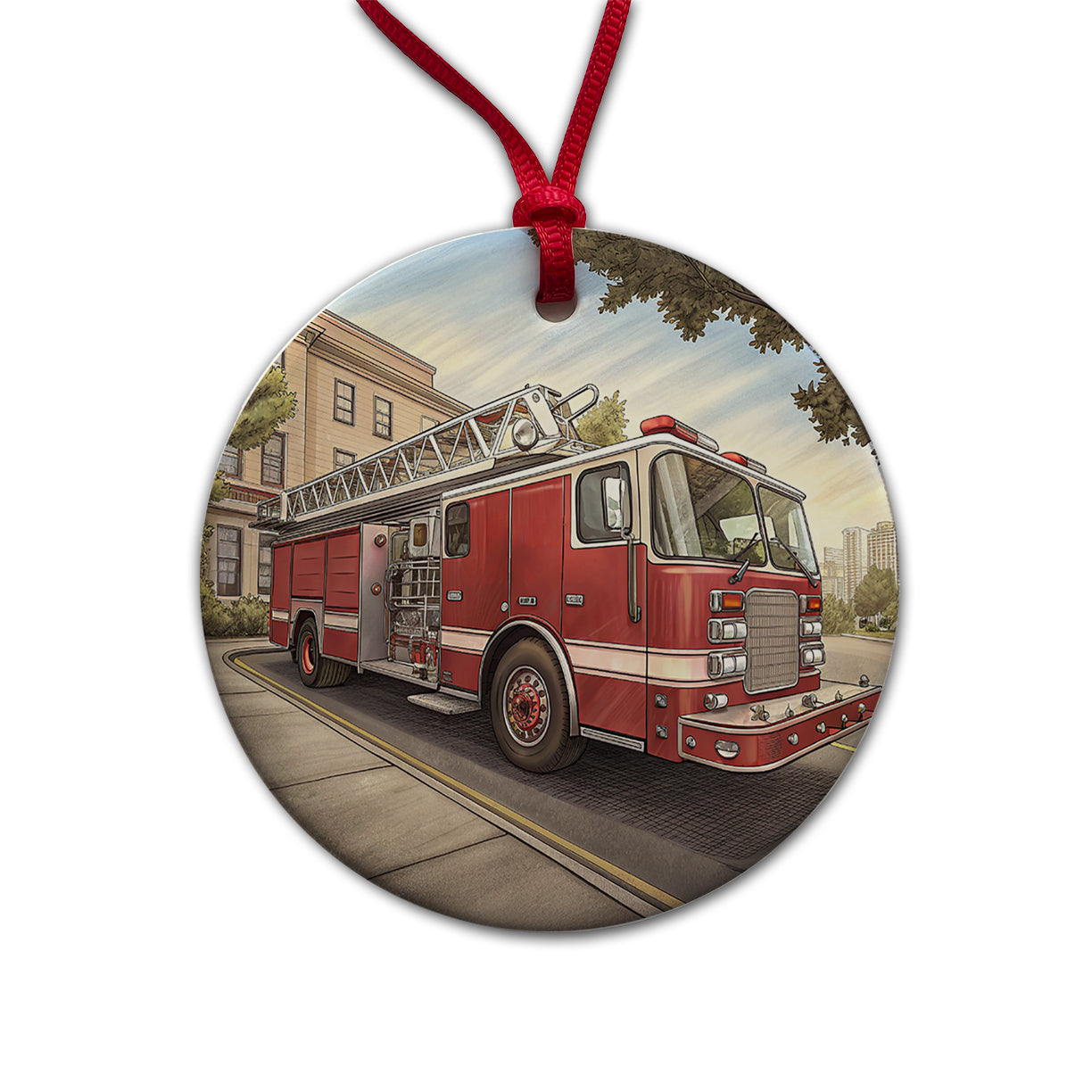 Fire Engine Firefighter Ladder Truck Round Ceramic Holiday Christmas Tree Ornament