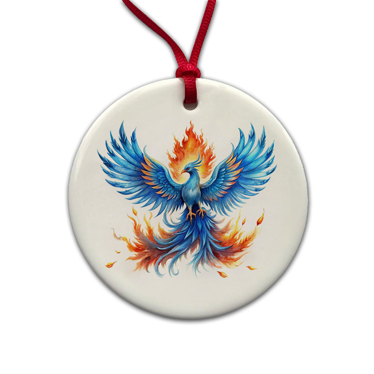 Flaming Blue Phoenix Rising Fantasy Watercolor Round Ceramic Holiday Christmas Tree Ornament