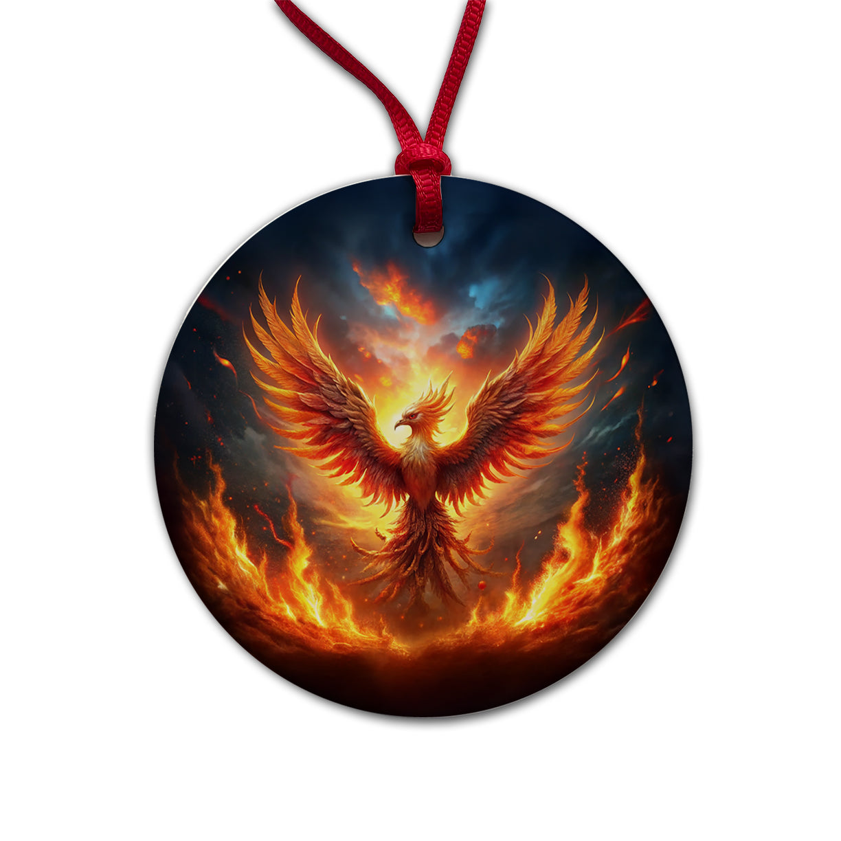 Flaming Phoenix Rising From Ashes Fantasy Bird Round Ceramic Holiday Christmas Tree Ornament