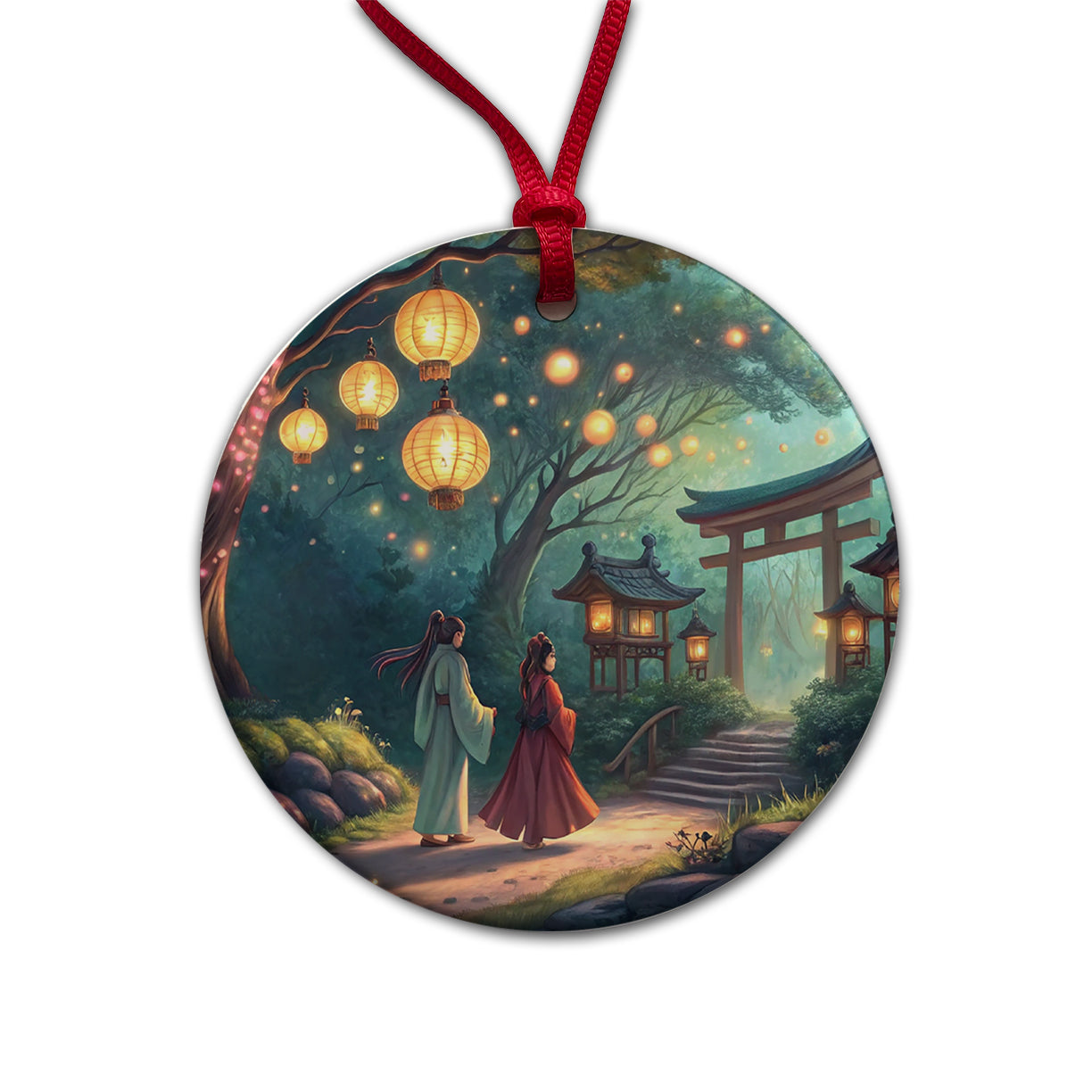 Forest Temple Entrance Torii Gate Fantasy Japanese Anime Style Round Ceramic Holiday Christmas Tree Ornament