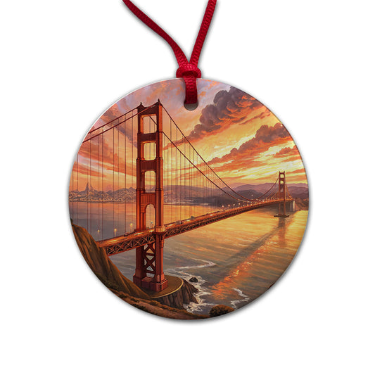 Golden Gate Bridge During Sunset San Francisco California Round Ceramic Holiday Christmas Tree Ornament