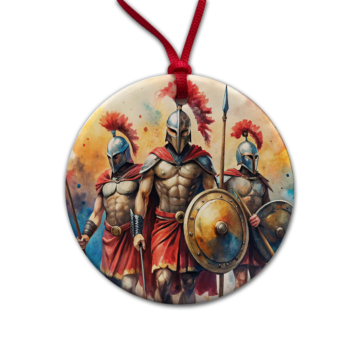 Greek Warriors Spartans Watercolor Round Ceramic Holiday Christmas Tree Ornament