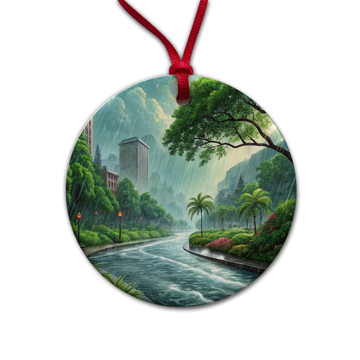 Heavy Monsoon Rain Storm City Landscape Round Ceramic Holiday Christmas Tree Ornament