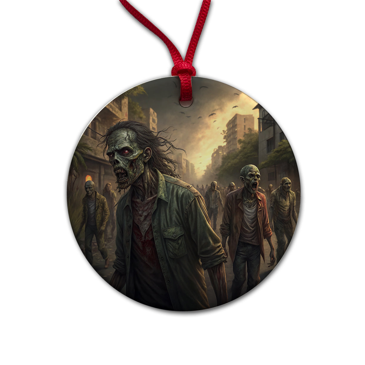 Horde Of Zombies Monsters Halloween Round Ceramic Holiday Christmas Tree Ornament