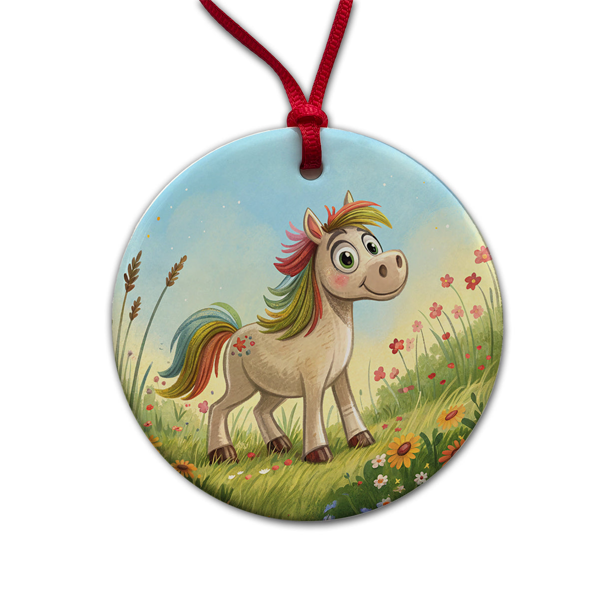 Horse Children's Illustration Style Round Ceramic Holiday Christmas Tree Ornament